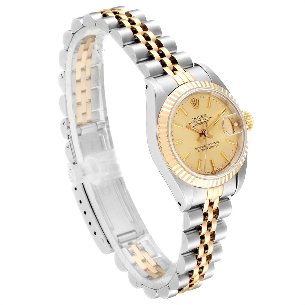The image shows a side angle view of the Rolex Datejust 69173 Women's Stainless Steel Champagne Dial 69173 Women's Stainless Steel Champagne Dial watch, highlighting the two-tone bracelet, gold dial, and fluted bezel.