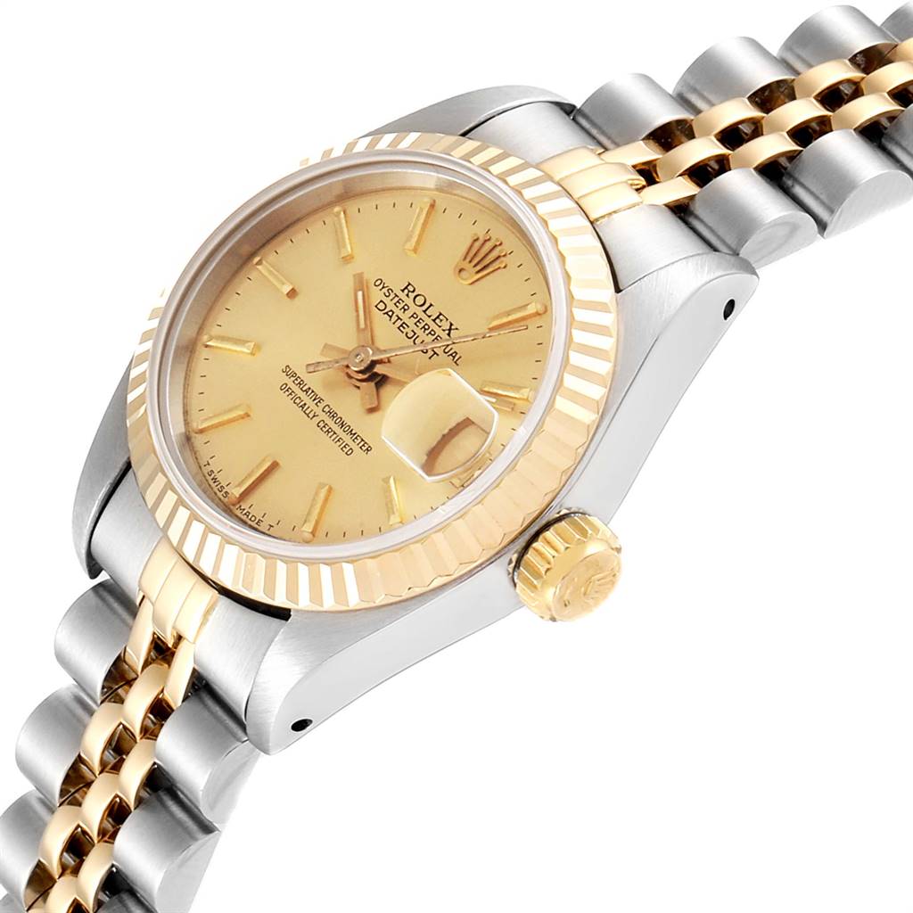 The image shows a Rolex Datejust 69173 Women's Stainless Steel Champagne Dial 69173 Women's Stainless Steel Champagne Dial watch from an angled side view, highlighting the face, dial, crown, and part of the Jubilee bracelet.