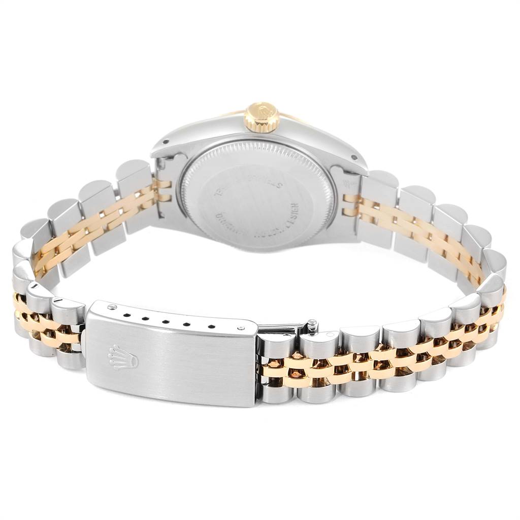 This image shows the back of the Rolex Datejust 69173 Women's Stainless Steel Champagne Dial 69173 Women's Stainless Steel Champagne Dial watch, featuring the bracelet and clasp.