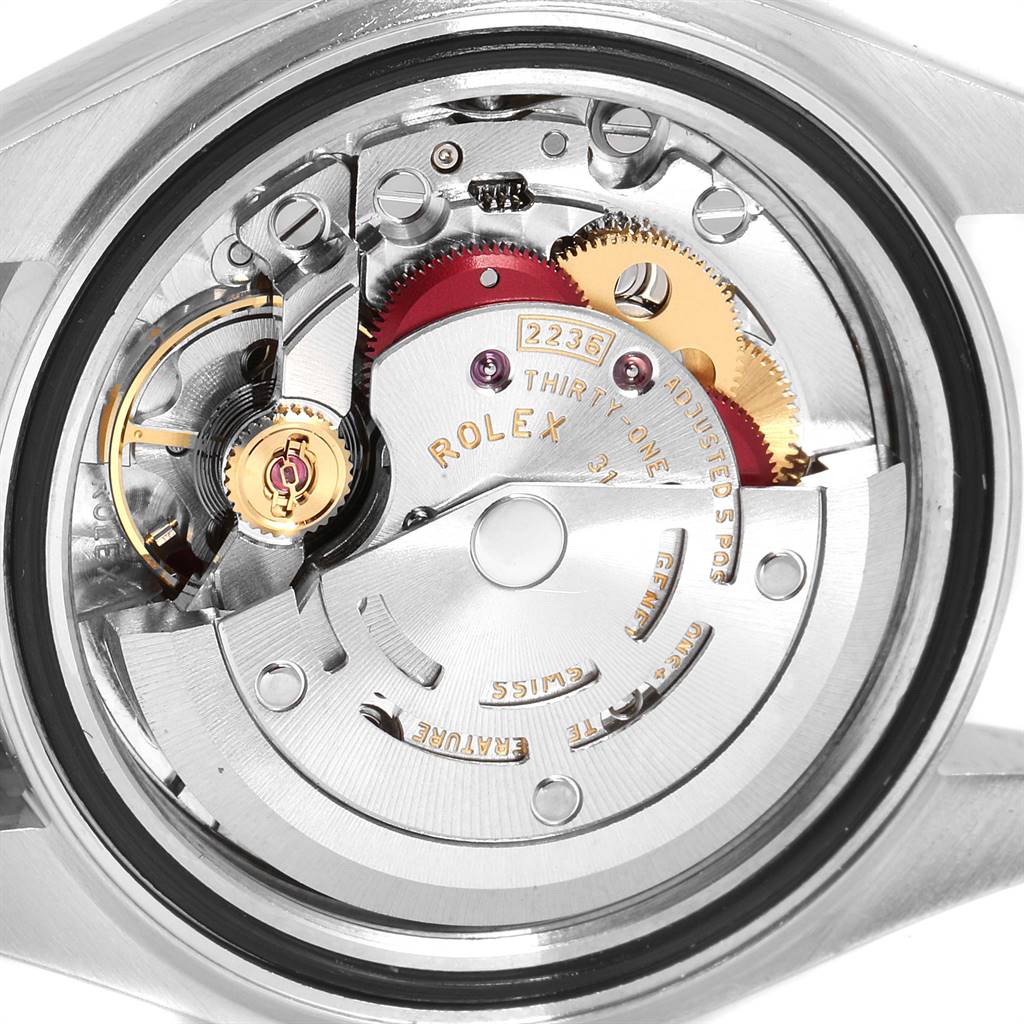 This image shows the inner mechanical movement components of a Rolex Datejust 279171 Women
s Steel and Gold (two tone) Mother of Pearl Dial 279171 Women
s Steel and Gold (two tone) Mother of Pearl Dial watch from a close-up, back-angle view.