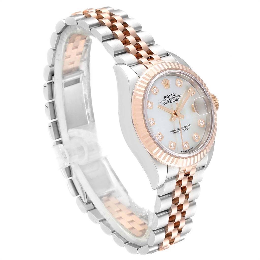 The image shows a Rolex Datejust 279171 Women
s Steel and Gold (two tone) Mother of Pearl Dial 279171 Women
s Steel and Gold (two tone) Mother of Pearl Dial watch at a slight angle, displaying its face, bezel, and two-tone bracelet.