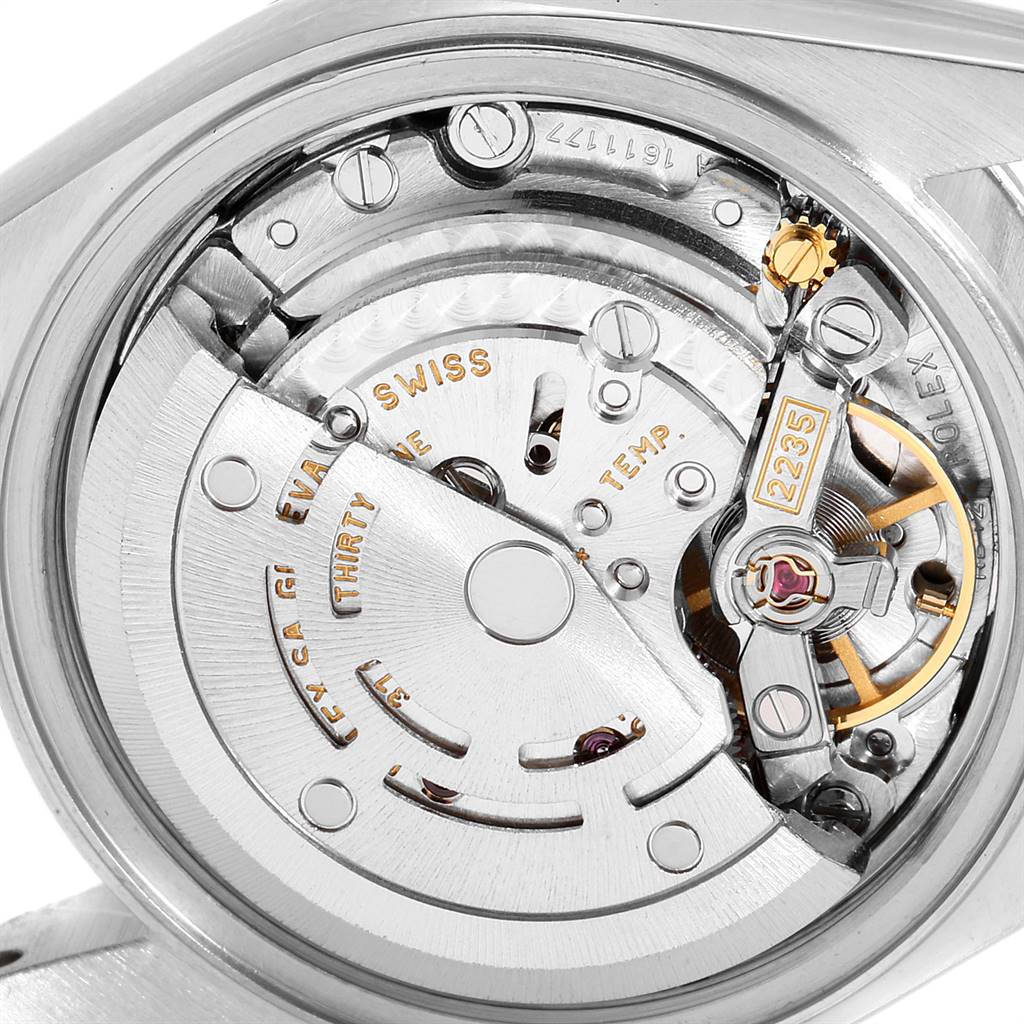 This image shows the internal mechanism of a Rolex Datejust 79174 Women's Stainless Steel White Dial 79174 Women's Stainless Steel White Dial watch from a close-up angle, highlighting its movement components.