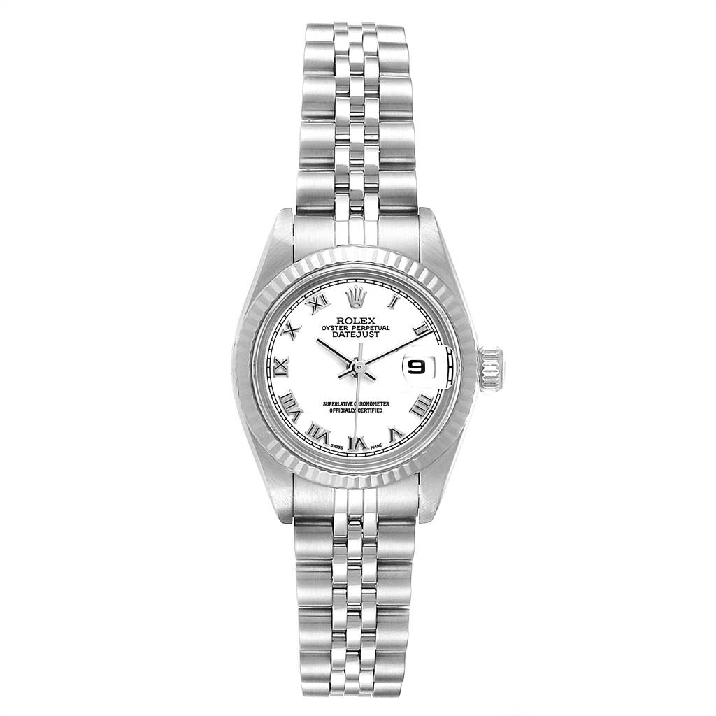 The image shows a full front view of a Rolex Datejust 79174 Women's Stainless Steel White Dial 79174 Women's Stainless Steel White Dial watch, highlighting the dial, bezel, and Jubilee bracelet.