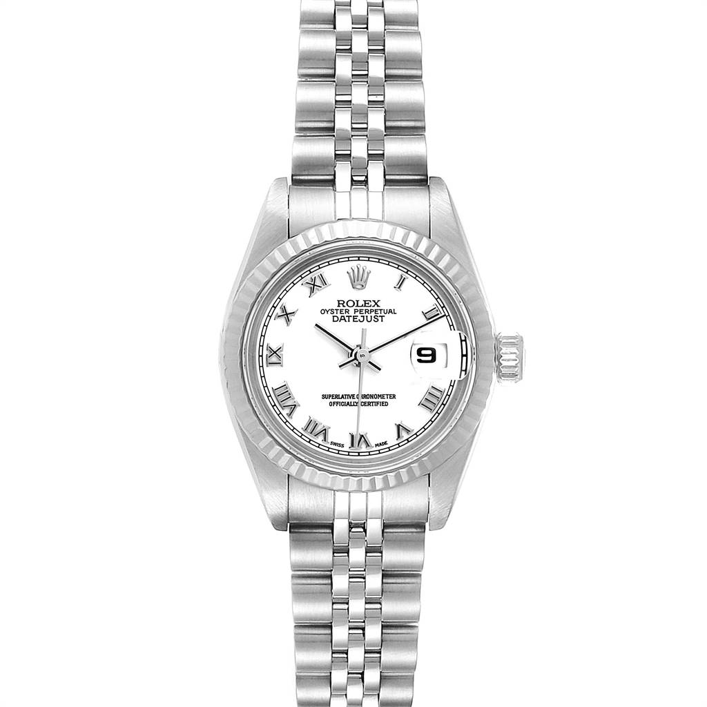 This is a frontal view of a Rolex Datejust 79174 Women's Stainless Steel White Dial 79174 Women's Stainless Steel White Dial watch, showing its face, bezel, crown, and Jubilee bracelet.