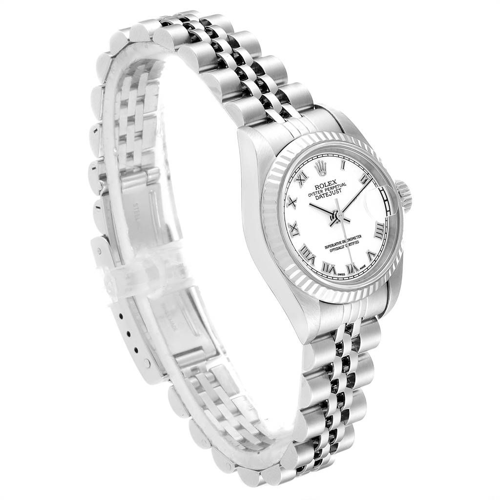 The image shows a Rolex Datejust 79174 Women's Stainless Steel White Dial 79174 Women's Stainless Steel White Dial watch from a side view, highlighting the face, bracelet, and clasp.