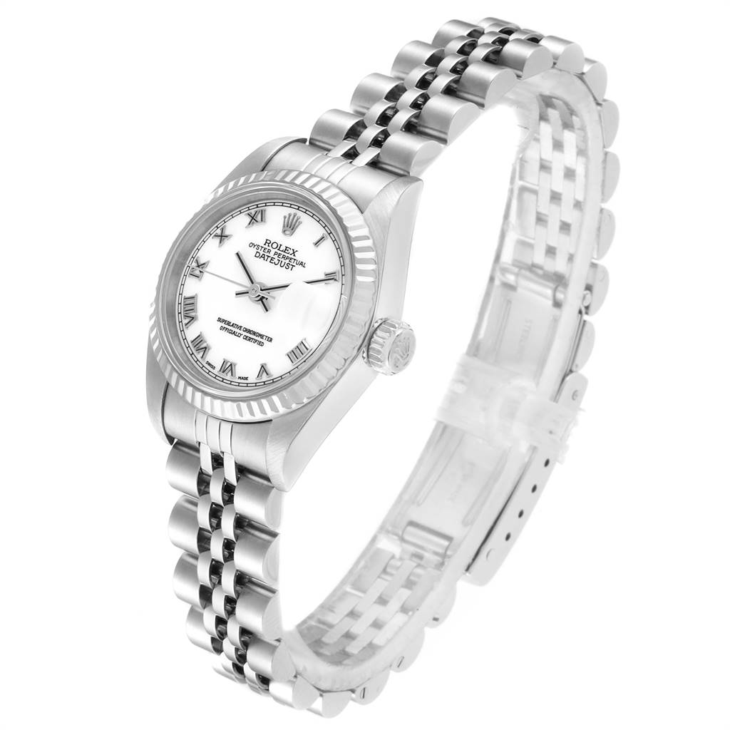 The image shows a Rolex Datejust 79174 Women's Stainless Steel White Dial 79174 Women's Stainless Steel White Dial watch at an angled front view, highlighting its dial, case, and jubilee bracelet.