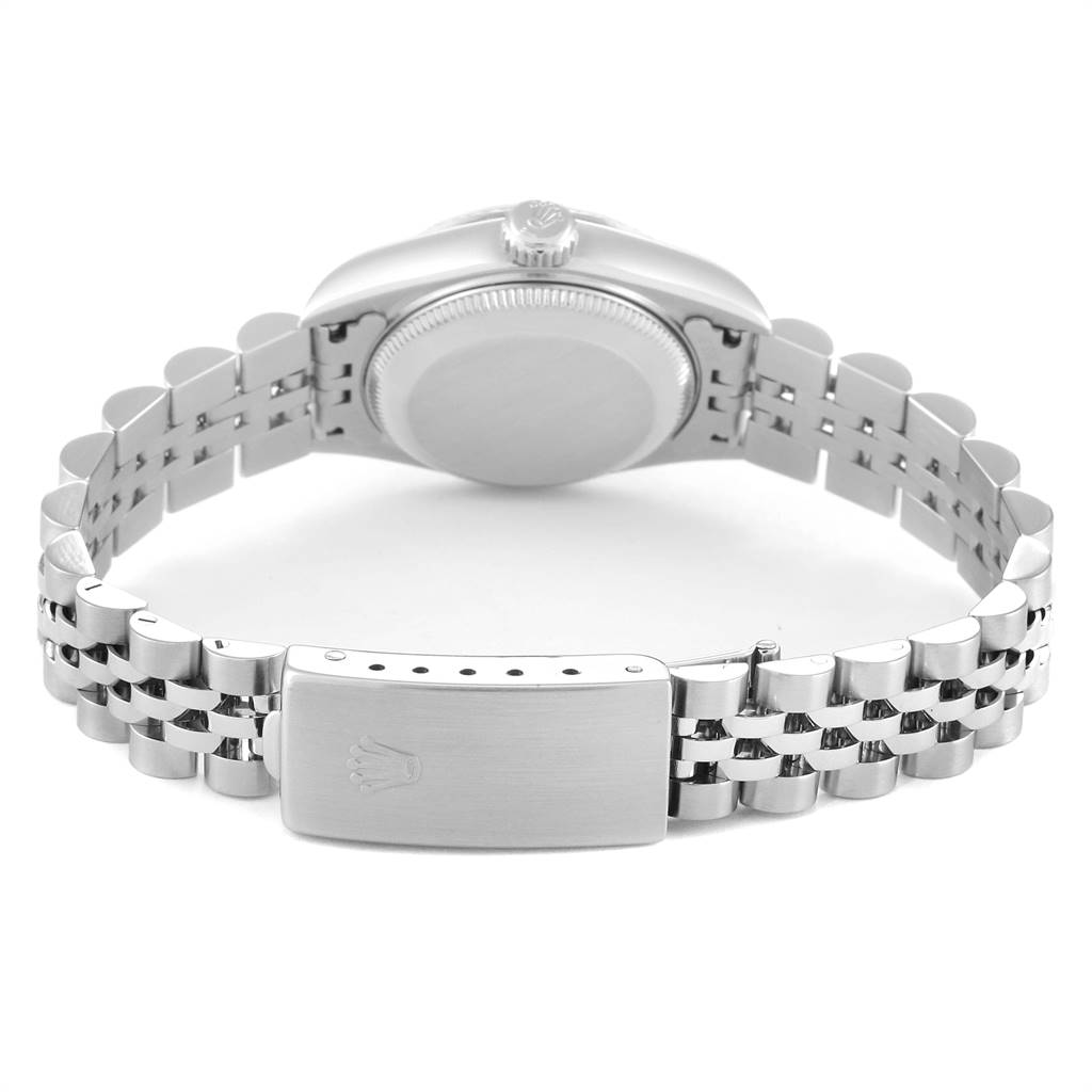 The image shows the back view of a Rolex Datejust 79174 Women's Stainless Steel White Dial 79174 Women's Stainless Steel White Dial watch, highlighting the case back, crown, and Jubilee bracelet with clasp.