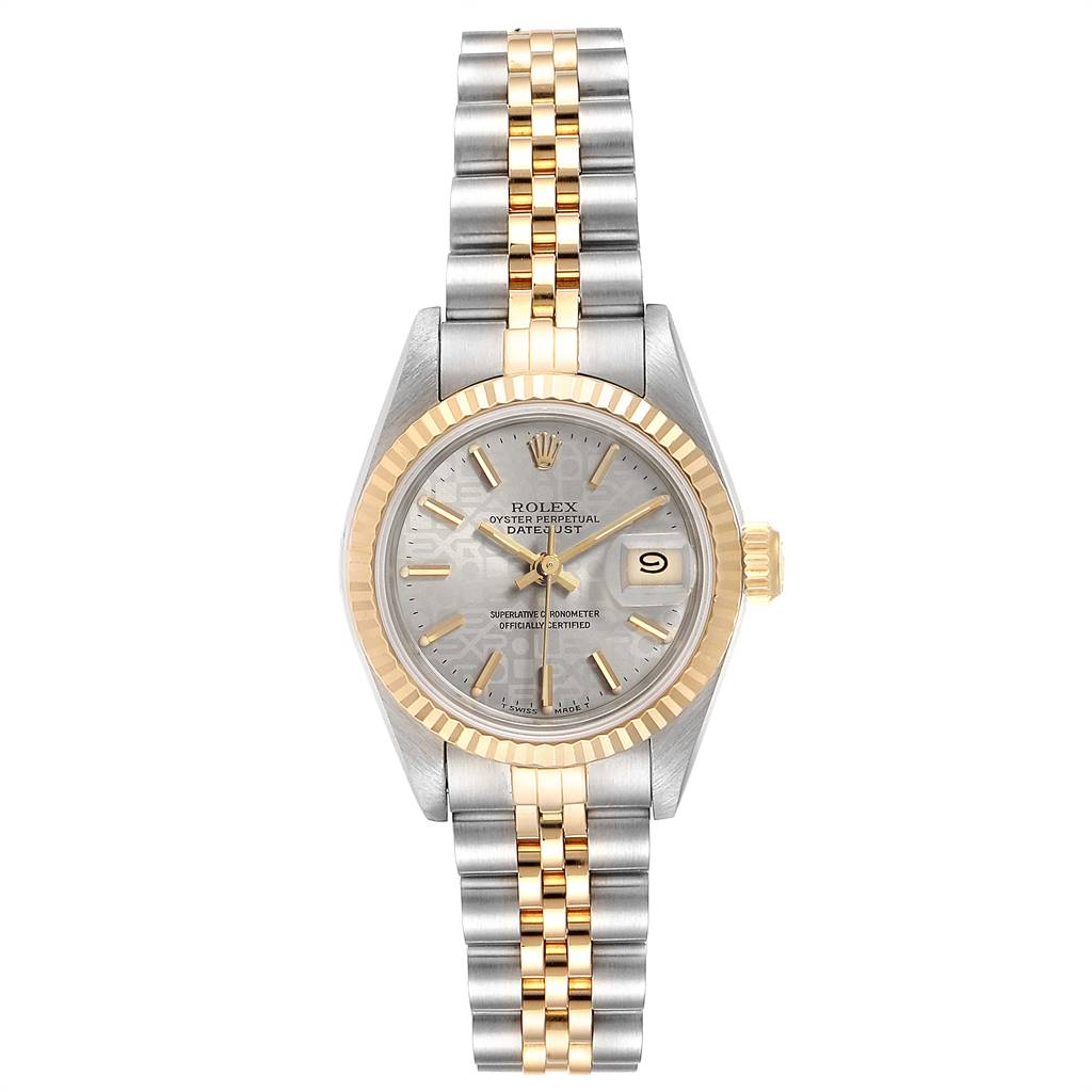 This image shows a front view of a Rolex Datejust 69173 Women
s Stainless Steel Silver Dial 69173 Women
s Stainless Steel Silver Dial watch, highlighting its dial, bezel, crown, and two-tone bracelet.