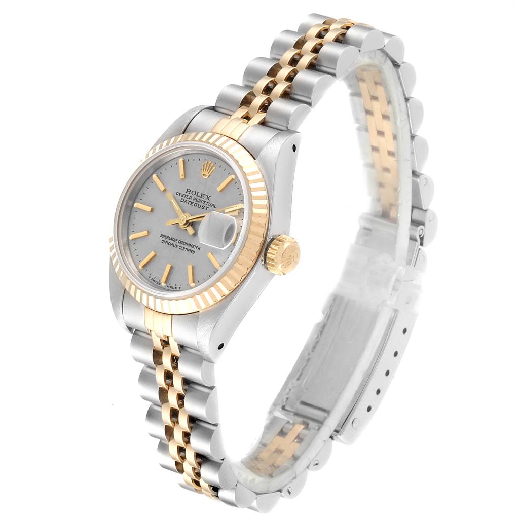 The image shows a Rolex Datejust 69173 Women
s Stainless Steel Silver Dial 69173 Women
s Stainless Steel Silver Dial watch at a three-quarter angle, highlighting its bezel, face, crown, and two-tone bracelet.