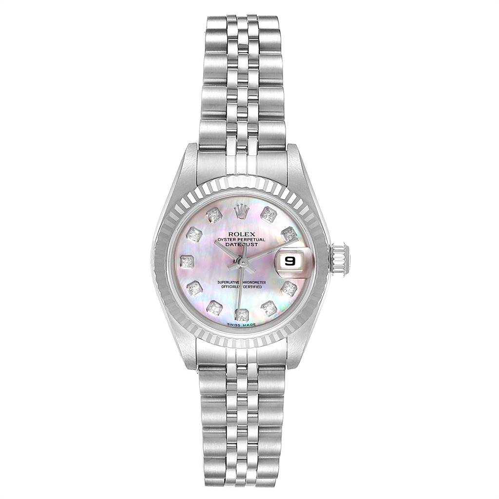 This image shows a full view of a Rolex Datejust 79174 Women
s Stainless Steel Mother of Pearl Dial 79174 Women
s Stainless Steel Mother of Pearl Dial watch, displaying its face, bezel, crown, and linked bracelet.