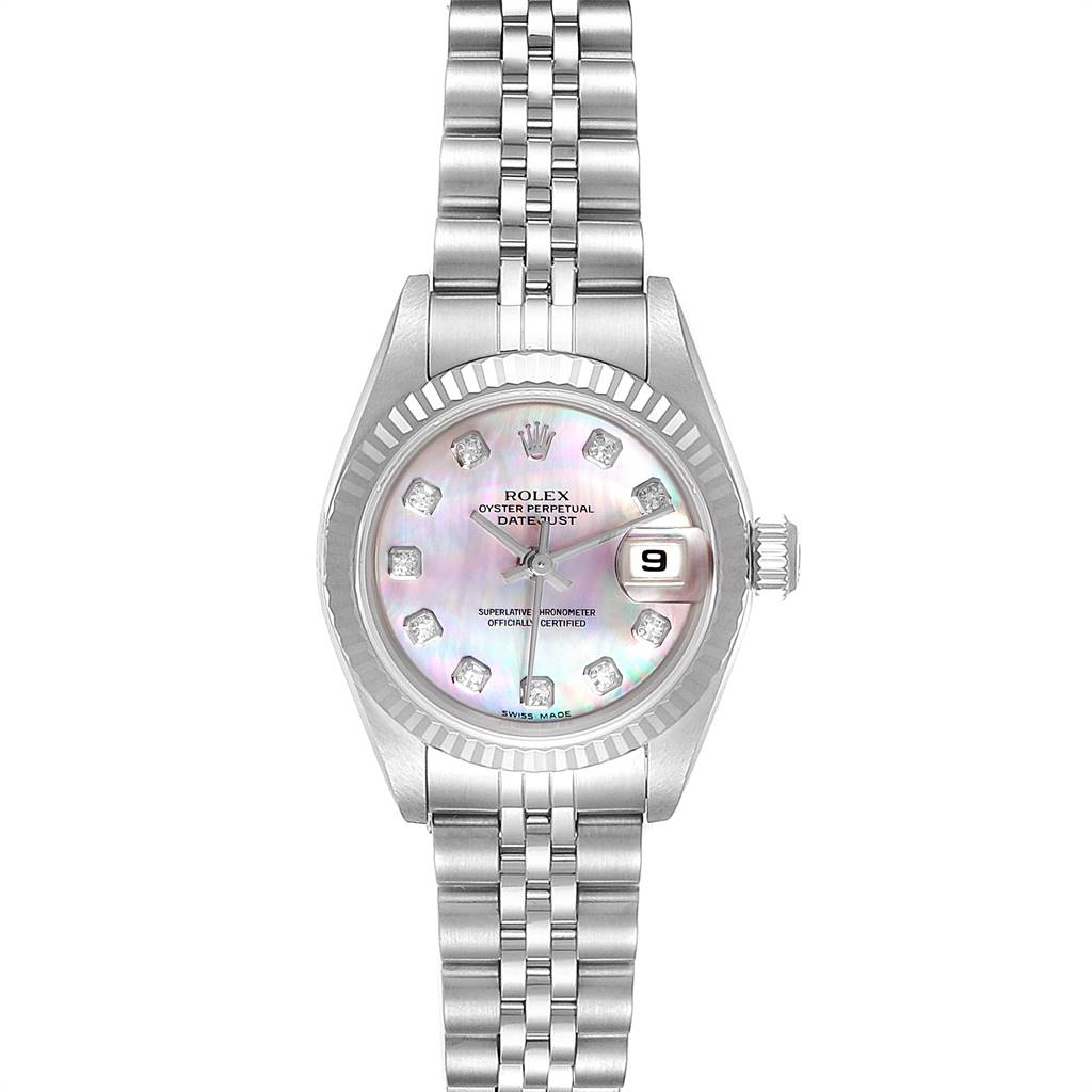 This Rolex Datejust 79174 Women
s Stainless Steel Mother of Pearl Dial 79174 Women
s Stainless Steel Mother of Pearl Dial watch is shown from a front angle, displaying the dial, bezel, and bracelet.