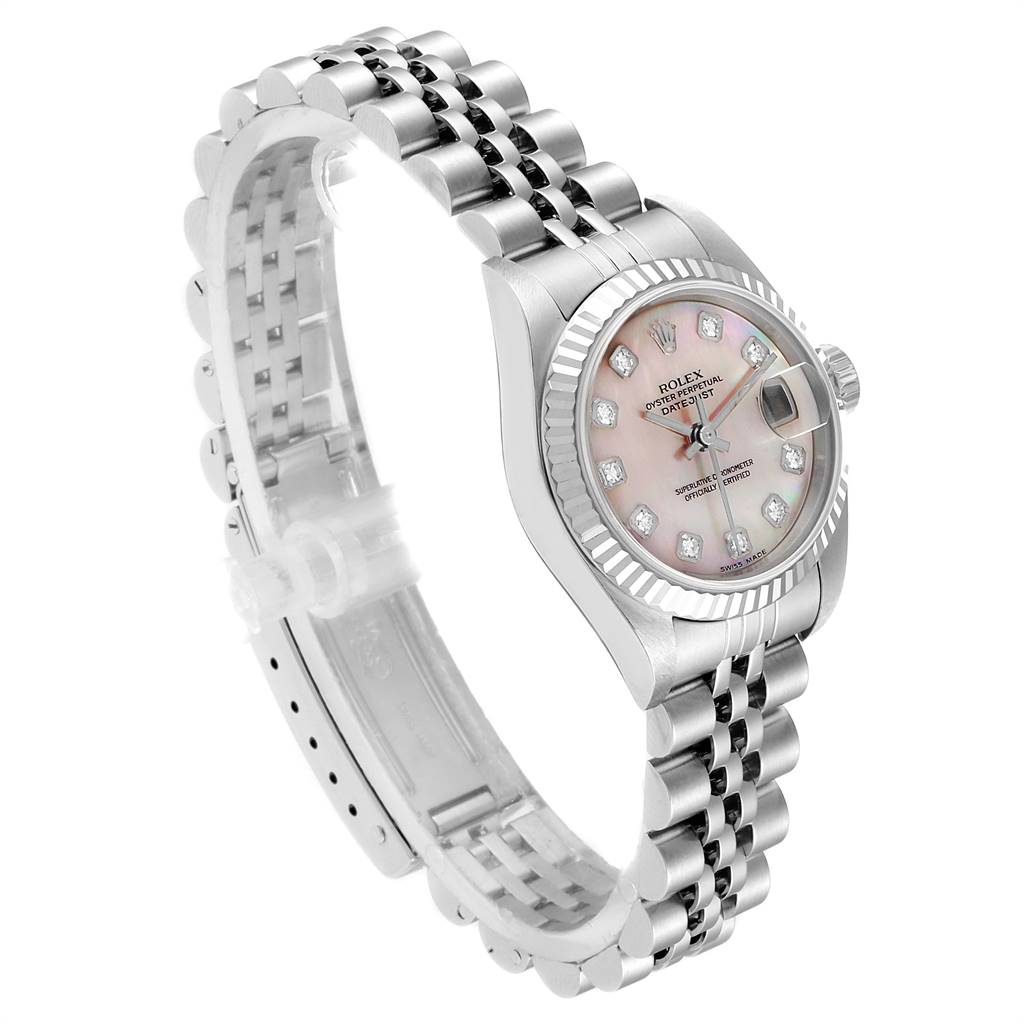 The image shows a Rolex Datejust 79174 Women
s Stainless Steel Mother of Pearl Dial 79174 Women
s Stainless Steel Mother of Pearl Dial watch from an angled side view, highlighting the dial, bezel, and part of the bracelet.