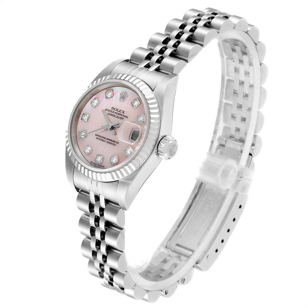 This image shows a Rolex Datejust 79174 Women
s Stainless Steel Mother of Pearl Dial 79174 Women
s Stainless Steel Mother of Pearl Dial watch at an oblique angle, featuring the dial, bezel, crown, and bracelet.