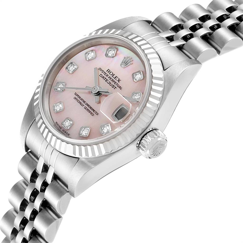 This image shows a side view of the Rolex Datejust 79174 Women
s Stainless Steel Mother of Pearl Dial 79174 Women
s Stainless Steel Mother of Pearl Dial watch, focusing on the dial, bezel, crown, and part of the bracelet.