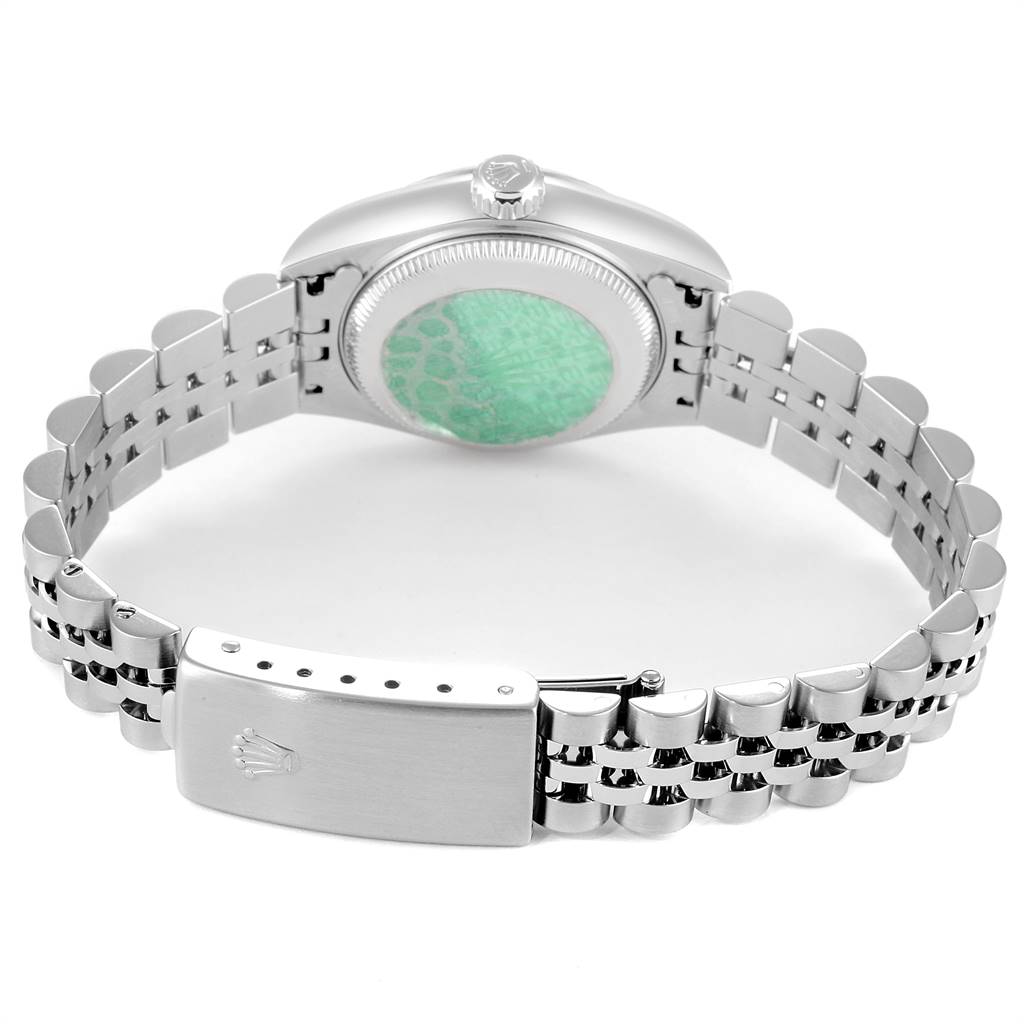 The image shows the back case, bracelet, and clasp of a Rolex Datejust 79174 Women
s Stainless Steel Mother of Pearl Dial 79174 Women
s Stainless Steel Mother of Pearl Dial watch from a rear angle.