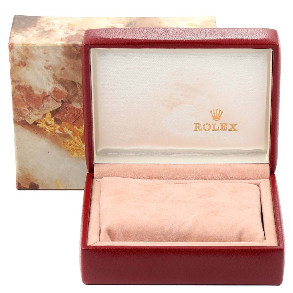 The image shows an open Rolex Datejust 69173 Women's Stainless Steel Champagne Dial 69173 Women's Stainless Steel Champagne Dial watch box and cushioned interior from a direct front angle.