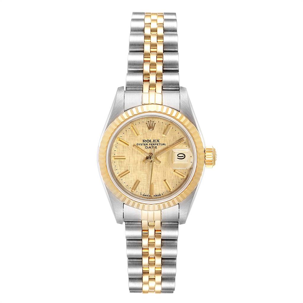 This image shows a Rolex Datejust 69173 Women's Stainless Steel Champagne Dial 69173 Women's Stainless Steel Champagne Dial watch from a front angle, displaying its dial, bezel, and bracelet.