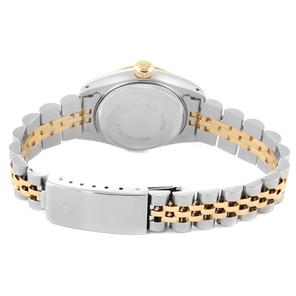 This image shows the back and bracelet clasp of a Rolex Datejust 69173 Women's Stainless Steel Champagne Dial 69173 Women's Stainless Steel Champagne Dial watch, highlighting its two-tone design.