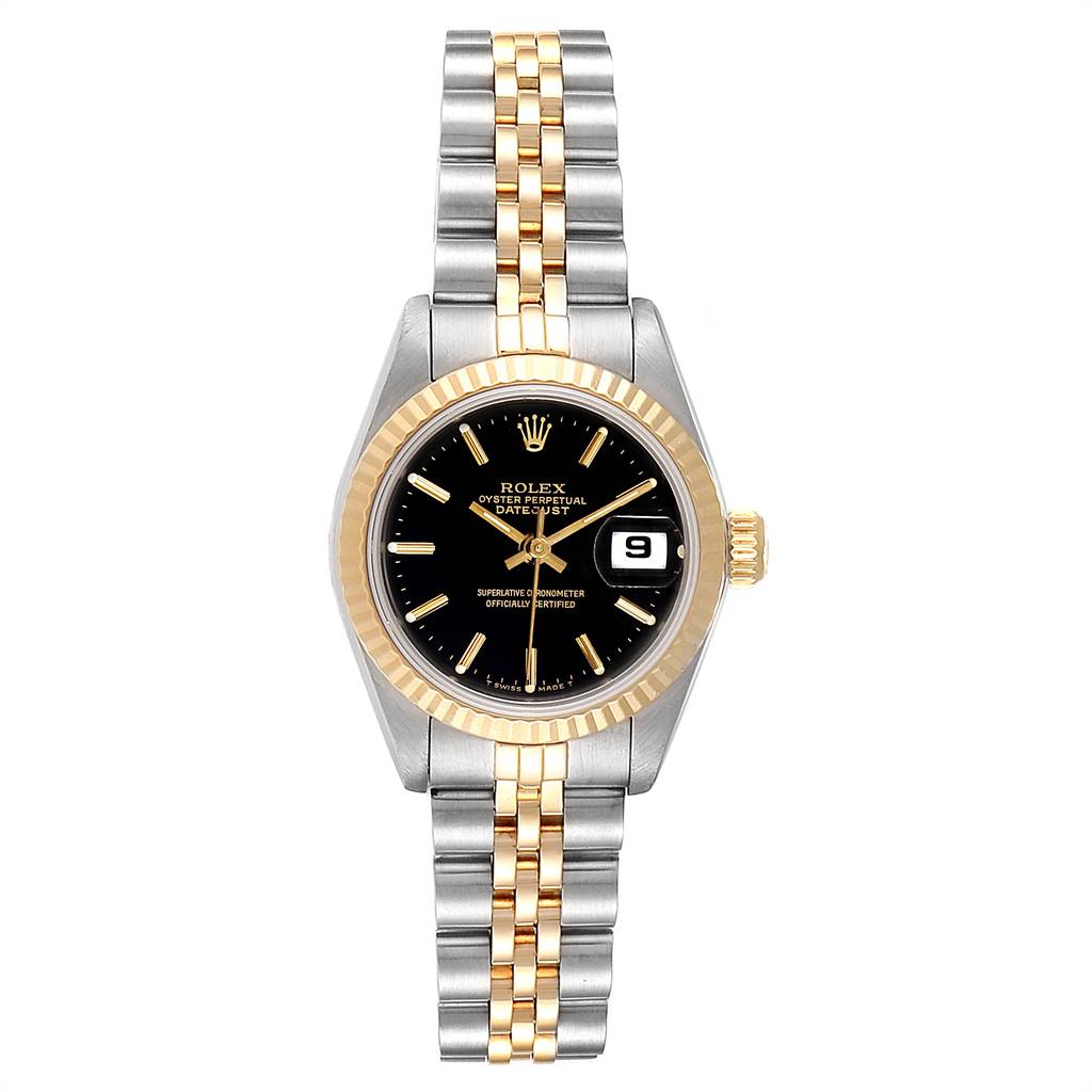 The Rolex Datejust 69173 Women
s Stainless Steel Black Dial 69173 Women
s Stainless Steel Black Dial watch is shown from a top-down angle, highlighting the dial, bezel, and bracelet.