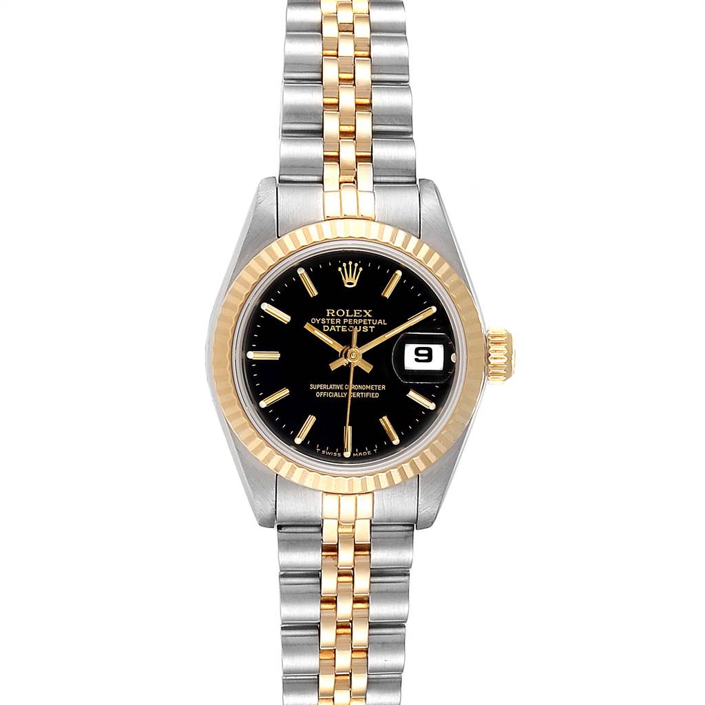 This image shows a front view of the Rolex Datejust 69173 Women
s Stainless Steel Black Dial 69173 Women
s Stainless Steel Black Dial watch displaying its dial, bezel, bracelet, and crown.