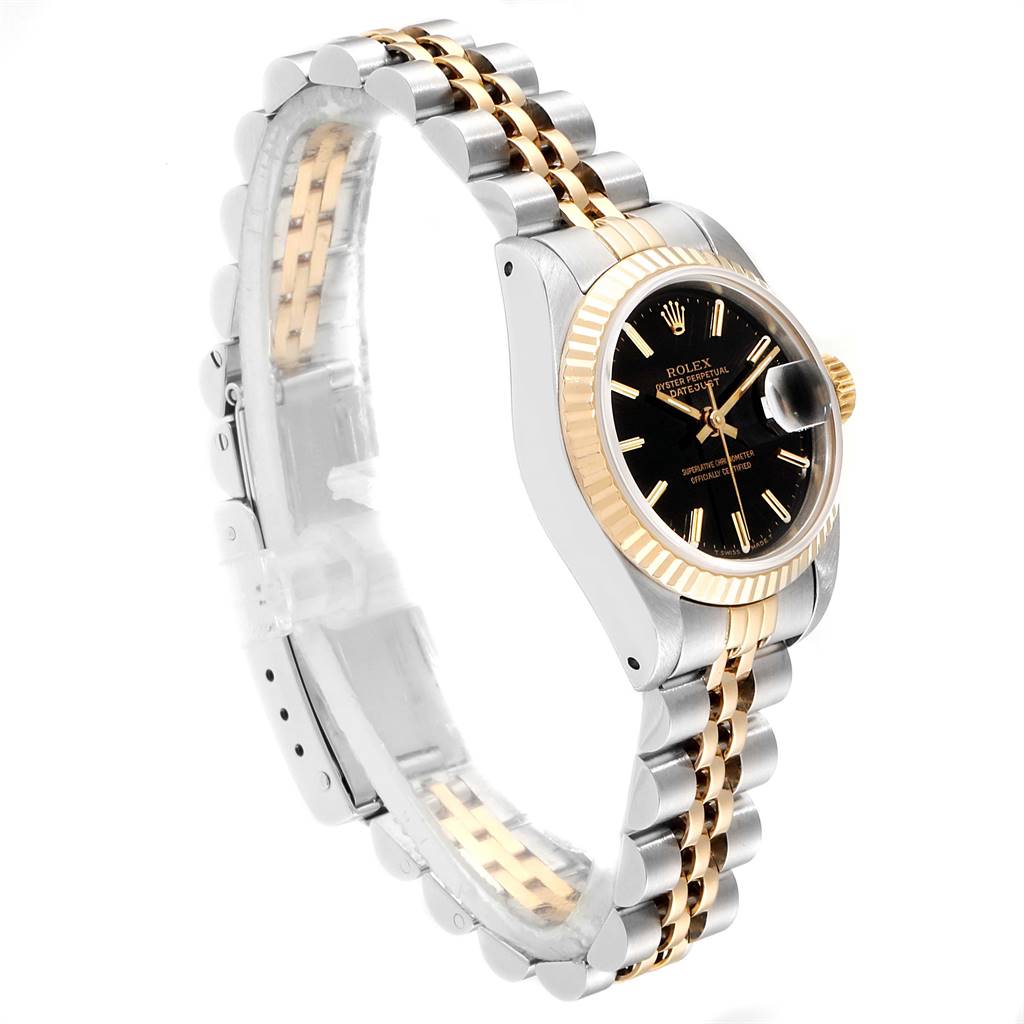 This image shows a Rolex Datejust 69173 Women
s Stainless Steel Black Dial 69173 Women
s Stainless Steel Black Dial watch from a 45-degree angle, highlighting the dial, bezel, case, and jubilee bracelet.