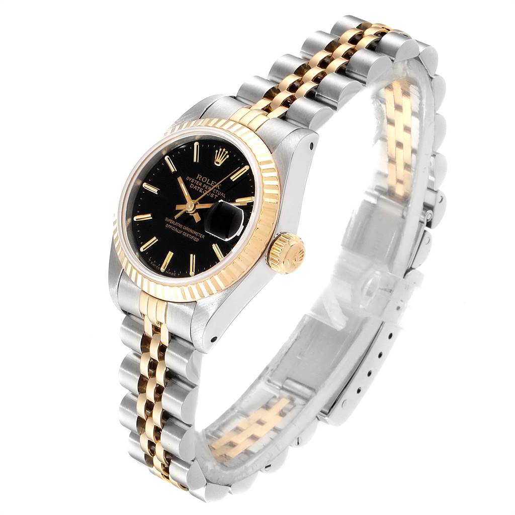 This image shows a Rolex Datejust 69173 Women
s Stainless Steel Black Dial 69173 Women
s Stainless Steel Black Dial watch at an angled view, highlighting its face, crown, and two-tone bracelet.