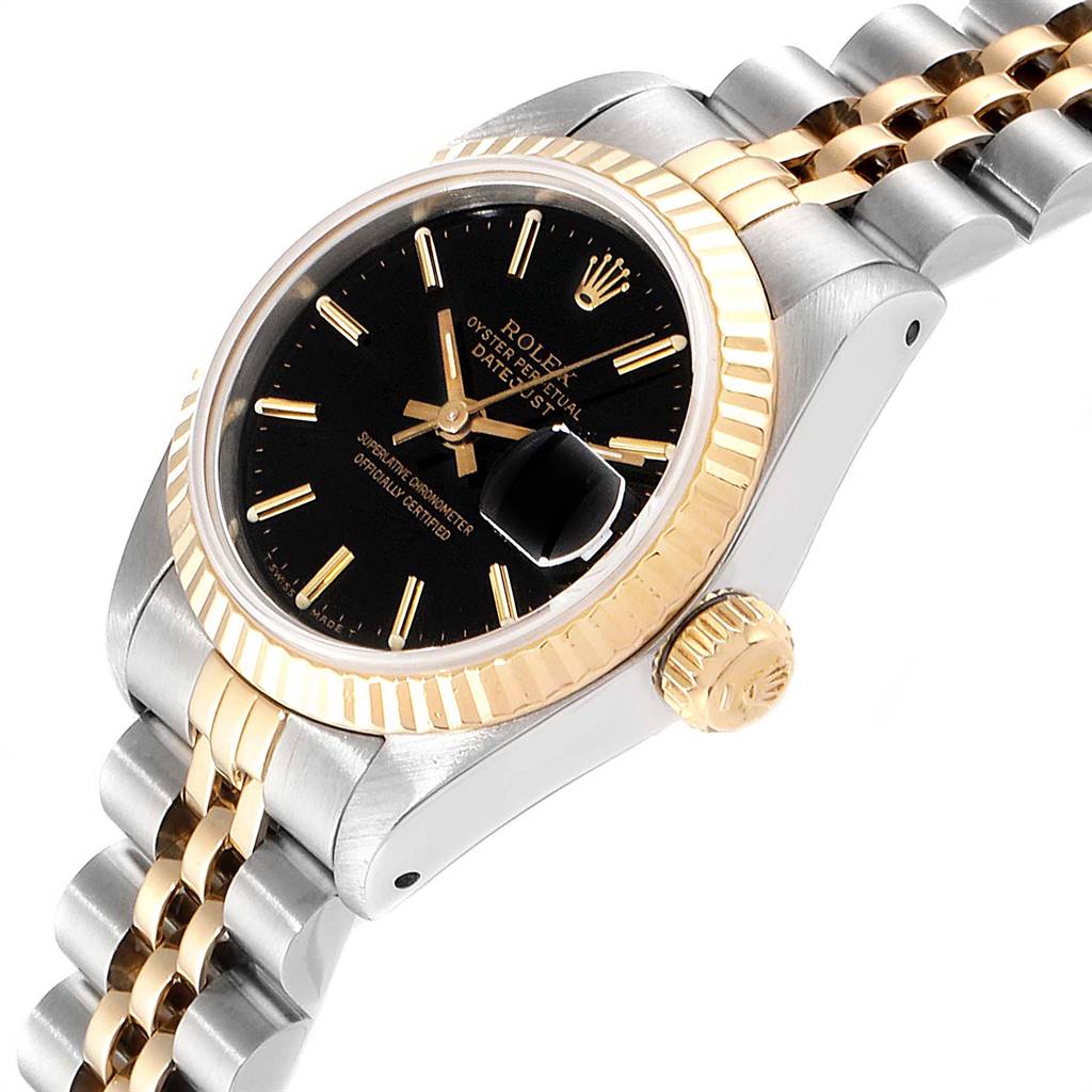 This image shows a close-up angled view of a Rolex Datejust 69173 Women
s Stainless Steel Black Dial 69173 Women
s Stainless Steel Black Dial watch, highlighting the dial, crown, and part of the bracelet.