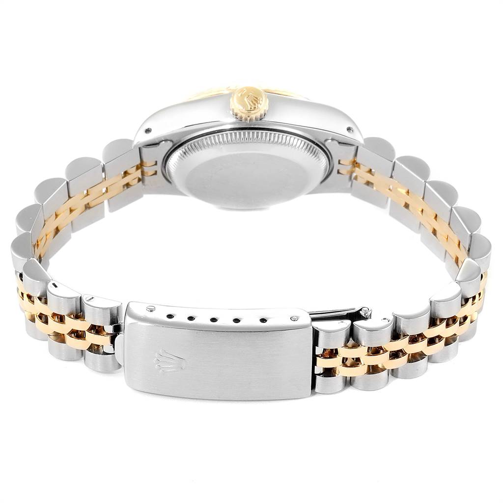 This image shows the back view of a Rolex Datejust 69173 Women
s Stainless Steel Black Dial 69173 Women
s Stainless Steel Black Dial watch, highlighting the case back and two-tone bracelet.