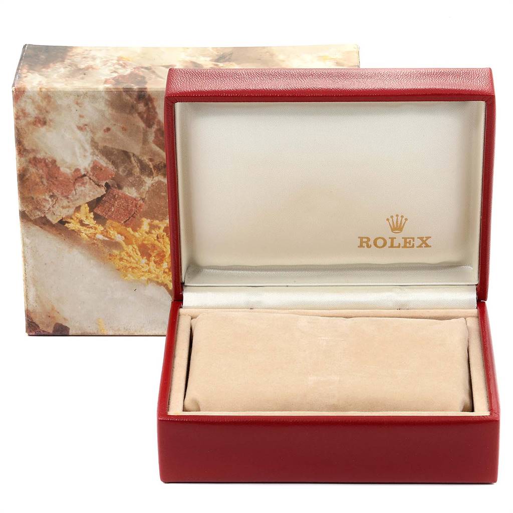 This image shows an empty Rolex watch box and protective pouch for the Datejust model.