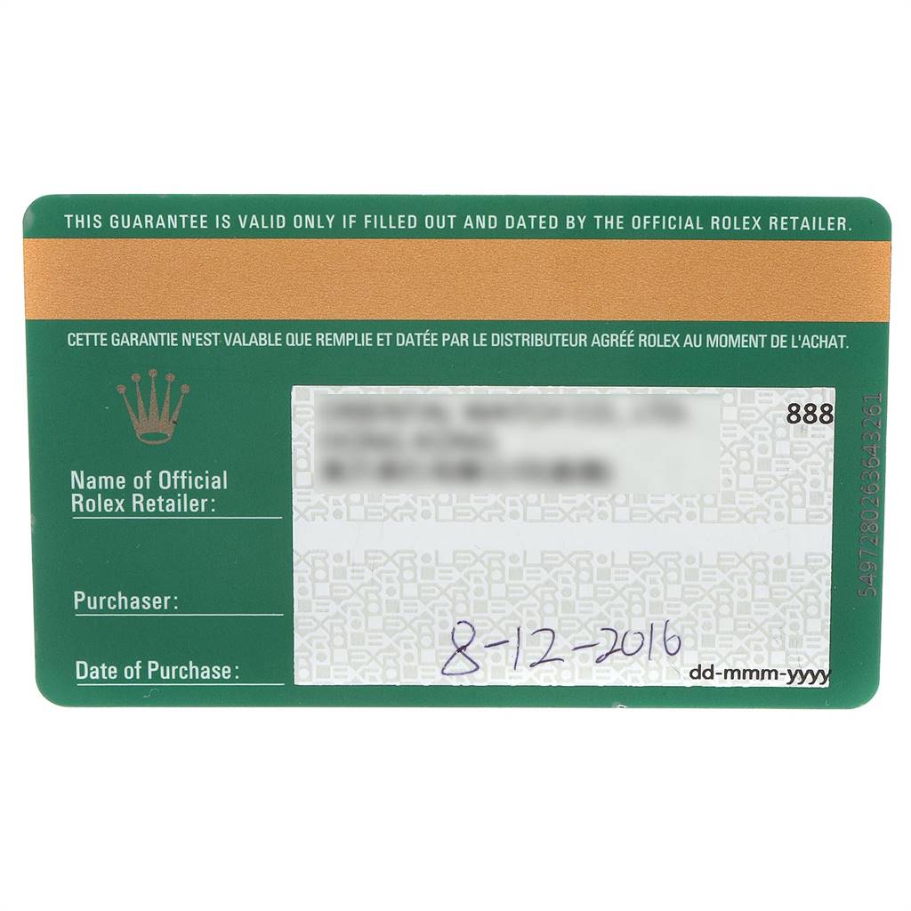 This image shows the guarantee card for the Rolex Datejust 279173 Women's Steel and Gold (two tone) Purple Dial 279173 Women's Steel and Gold (two tone) Purple Dial model, specifically highlighting purchase details.