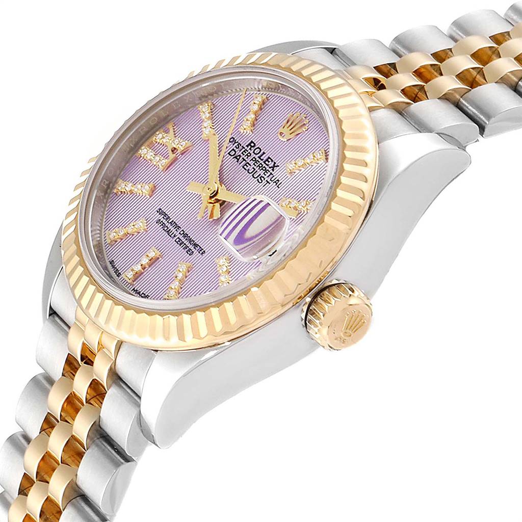 The Rolex Datejust 279173 Women's Steel and Gold (two tone) Purple Dial 279173 Women's Steel and Gold (two tone) Purple Dial watch is shown at a side angle, displaying the dial, fluted bezel, crown, and part of the bracelet.