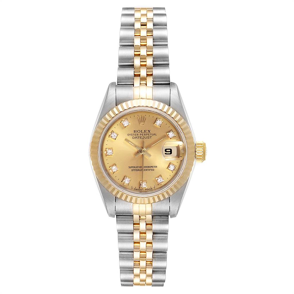 The image shows a front view of a Rolex Datejust 69173 Women's Stainless Steel Champagne Dial 69173 Women's Stainless Steel Champagne Dial watch, displaying the dial, bezel, date window, and Jubilee bracelet.
