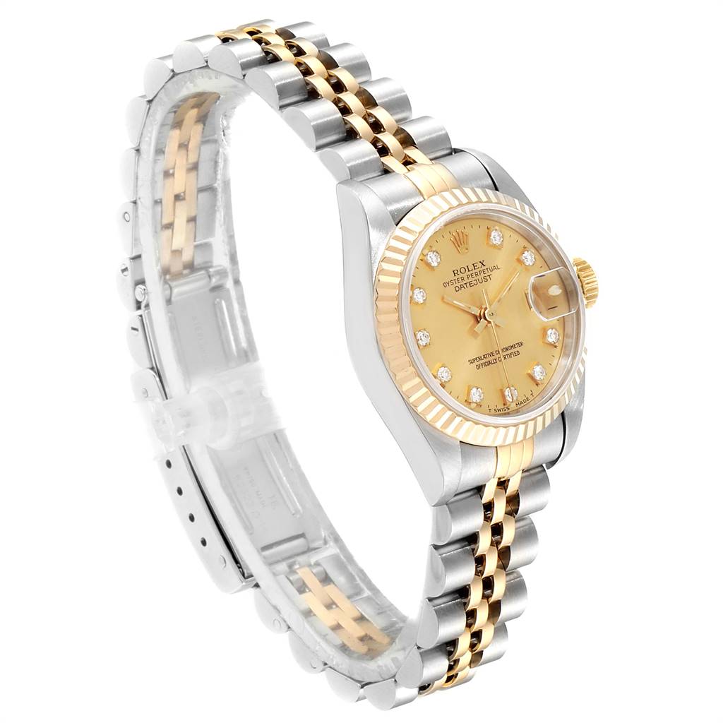 The image shows a side angle of a Rolex Datejust 69173 Women's Stainless Steel Champagne Dial 69173 Women's Stainless Steel Champagne Dial watch, highlighting its jubilee bracelet and fluted bezel.