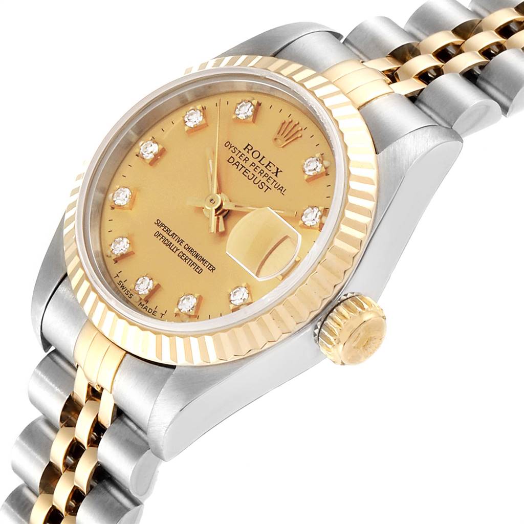 The image shows a close-up angled view of a Rolex Datejust 69173 Women's Stainless Steel Champagne Dial 69173 Women's Stainless Steel Champagne Dial watch, highlighting the dial, bezel, crown, and bracelet.
