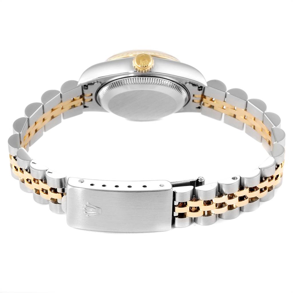 The image shows the back view of a Rolex Datejust 69173 Women's Stainless Steel Champagne Dial 69173 Women's Stainless Steel Champagne Dial watch, focusing on the two-tone bracelet and clasp.