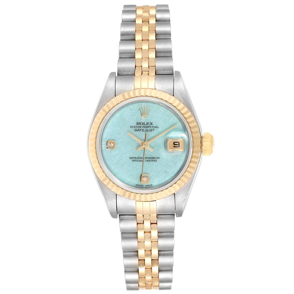 This image shows a Rolex Datejust 79173 Women
s Stainless Steel Blue Dial 79173 Women
s Stainless Steel Blue Dial watch from a top-down angle, displaying the dial, bezel, case, bracelet, and crown.