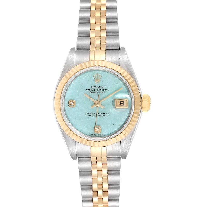 The image shows a front view of a Rolex Datejust watch, featuring a blue dial, gold bezel, and two-tone bracelet.