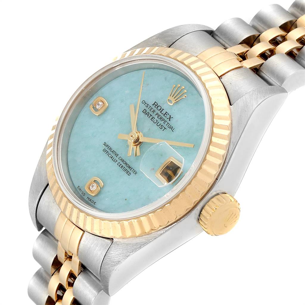 This image shows a Rolex Datejust 79173 Women
s Stainless Steel Blue Dial 79173 Women
s Stainless Steel Blue Dial watch from a top-side angle, highlighting its dial, bezel, and part of the bracelet.