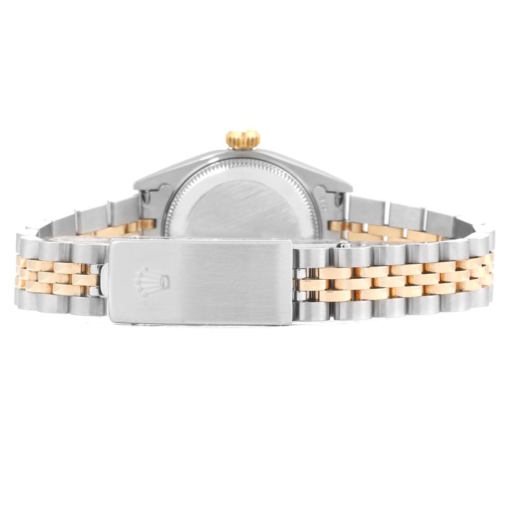 The image shows the back view of a Rolex Datejust 79173 Women
s Stainless Steel Blue Dial 79173 Women
s Stainless Steel Blue Dial model watch, highlighting the clasp and bracelet.