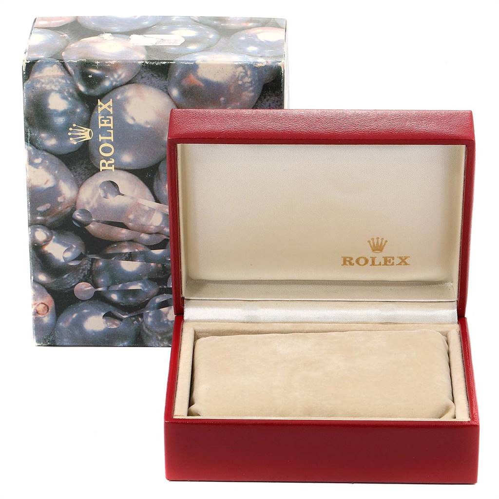 This image shows the open case and box for a Rolex Datejust 69173 Women's Stainless Steel Beige Dial 69173 Women's Stainless Steel Beige Dial watch, displaying the interior padding and branding.