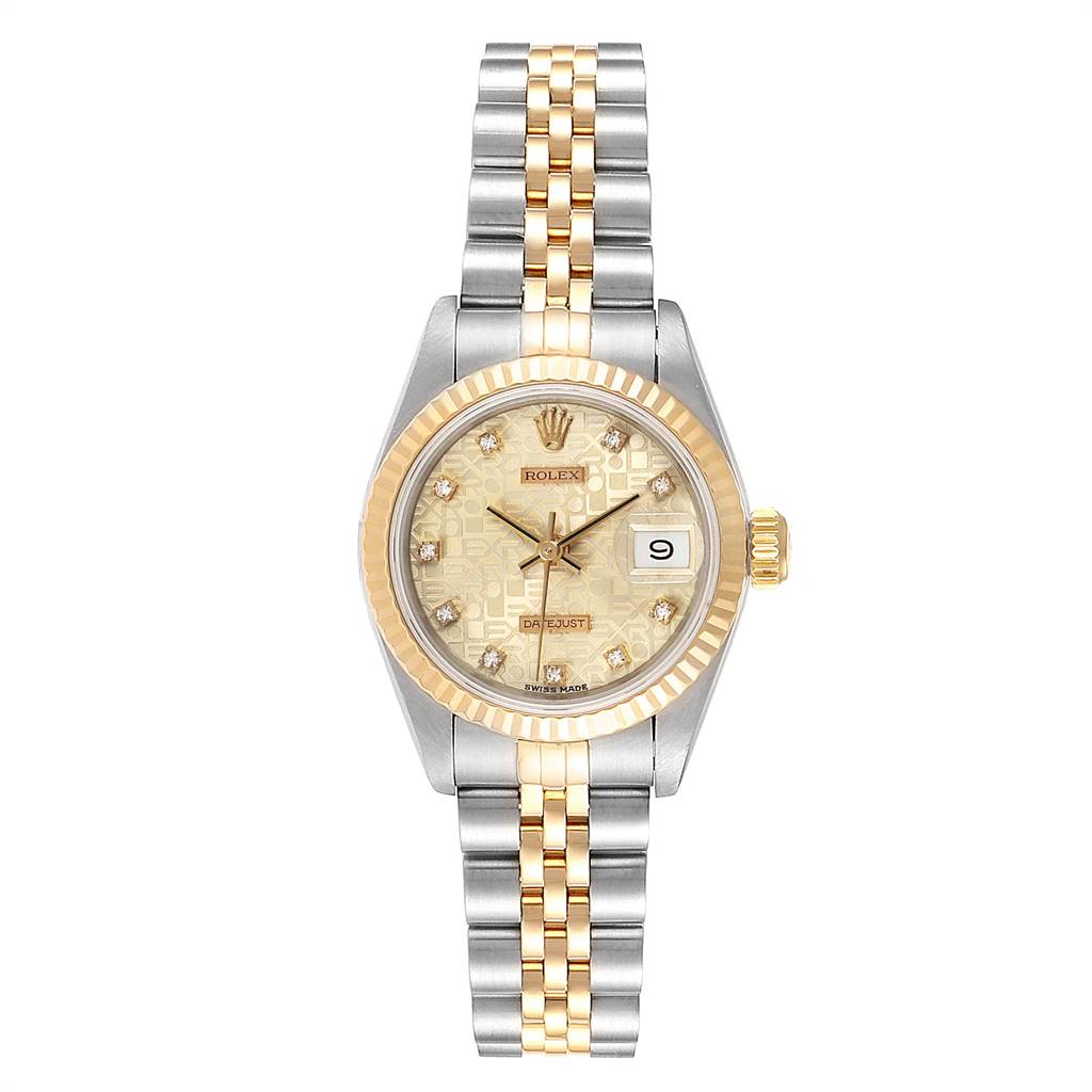 The Rolex Datejust 69173 Women's Stainless Steel Beige Dial 69173 Women's Stainless Steel Beige Dial watch is shown from the front, displaying its face, bezel, crown, and band.