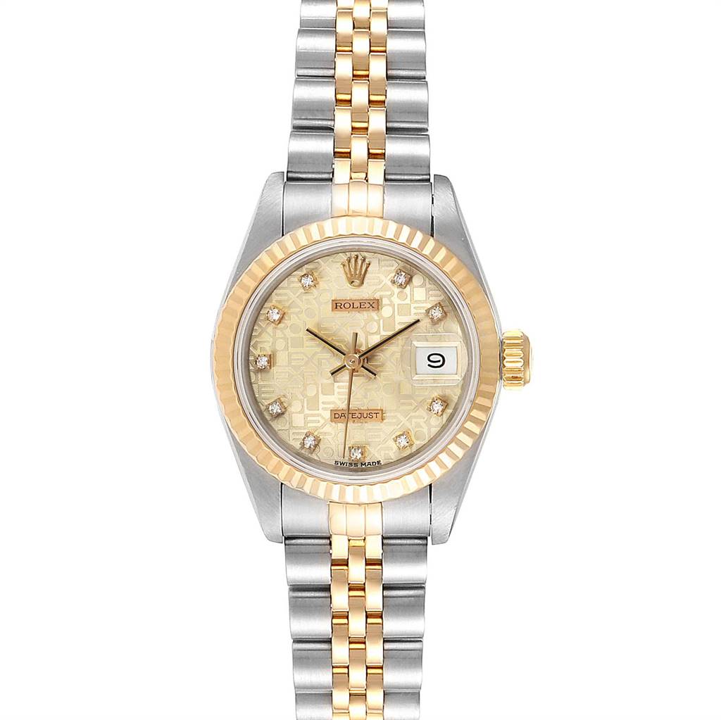 The image shows a front view of a Rolex Datejust 69173 Women's Stainless Steel Beige Dial 69173 Women's Stainless Steel Beige Dial watch, featuring its dial, bezel, crown, and bracelet.