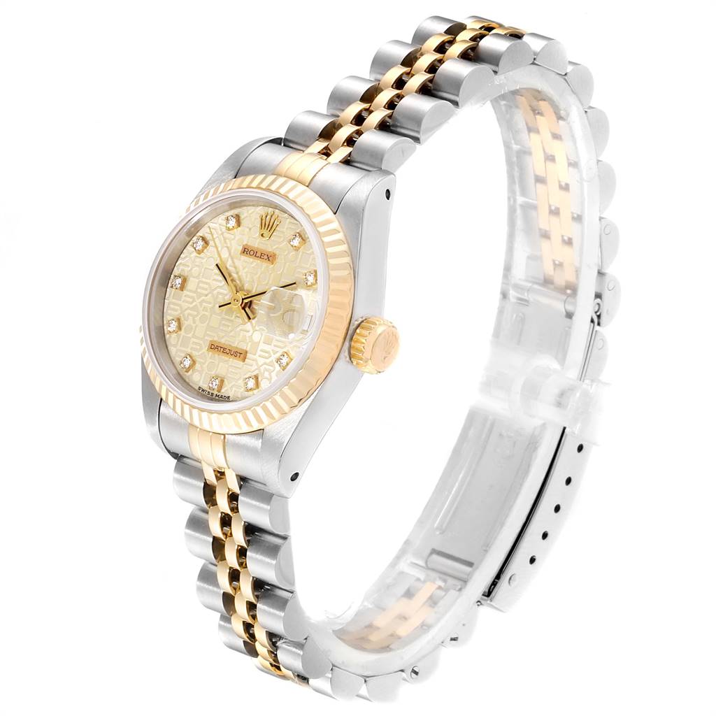 This Rolex Datejust 69173 Women's Stainless Steel Beige Dial 69173 Women's Stainless Steel Beige Dial watch is shown at an angled side view, highlighting the face, bezel, crown, and two-tone bracelet.