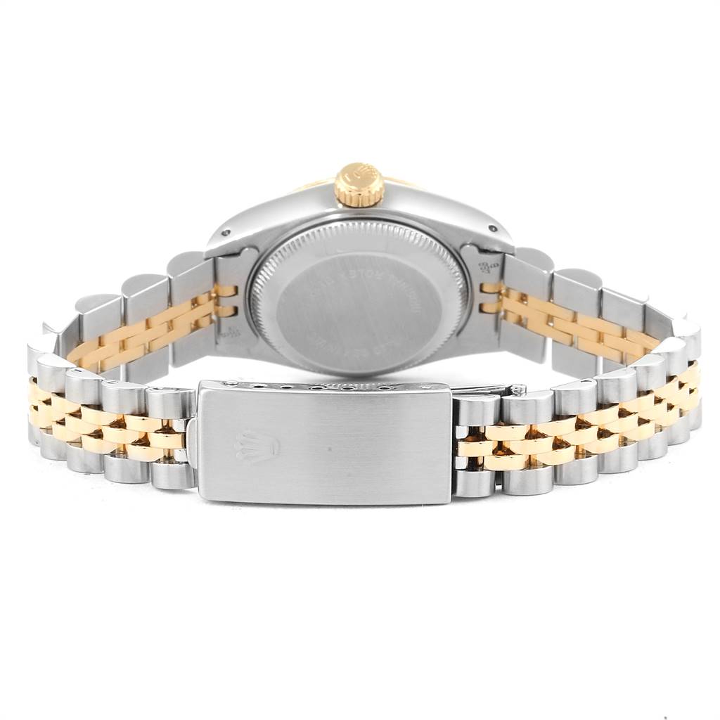 The image shows the back and bracelet of a Rolex Datejust 69173 Women's Stainless Steel Red Dial 69173 Women's Stainless Steel Red Dial watch, featuring a two-tone metal design.