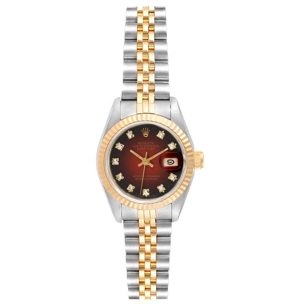 The image shows a front view of a Rolex Datejust 69173 Women's Stainless Steel Red Dial 69173 Women's Stainless Steel Red Dial watch featuring a two-tone bracelet and a diamond hour marker dial.