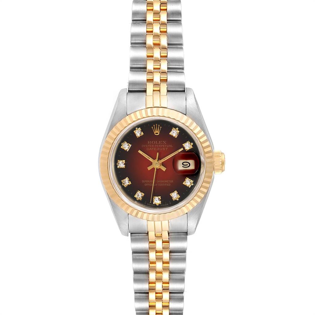 This image shows a top-down view of a Rolex Datejust 69173 Women's Stainless Steel Red Dial 69173 Women's Stainless Steel Red Dial watch, highlighting its face, bezel, crown, and two-tone bracelet.