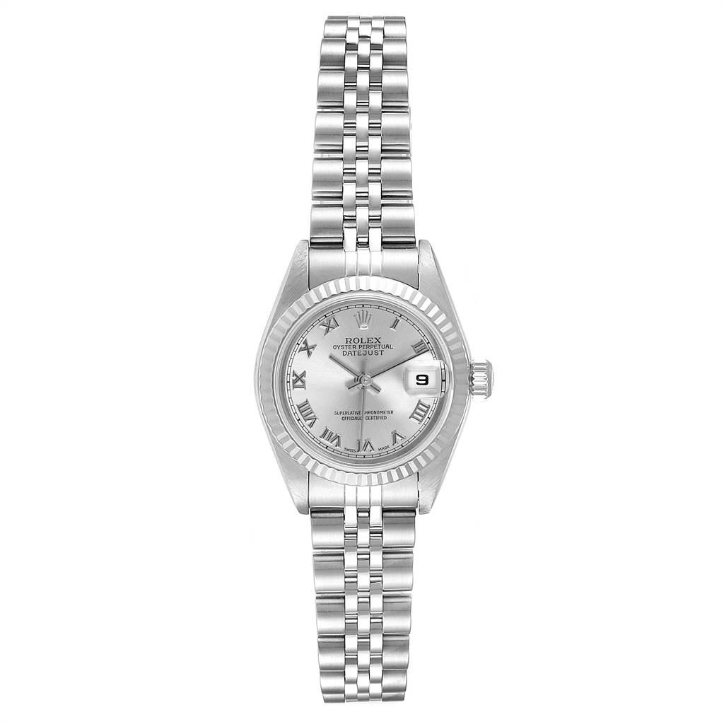 The image shows a frontal view of a Rolex Datejust 79174 Women
s Stainless Steel Silver Dial 79174 Women
s Stainless Steel Silver Dial watch, highlighting its dial, bezel, and bracelet.