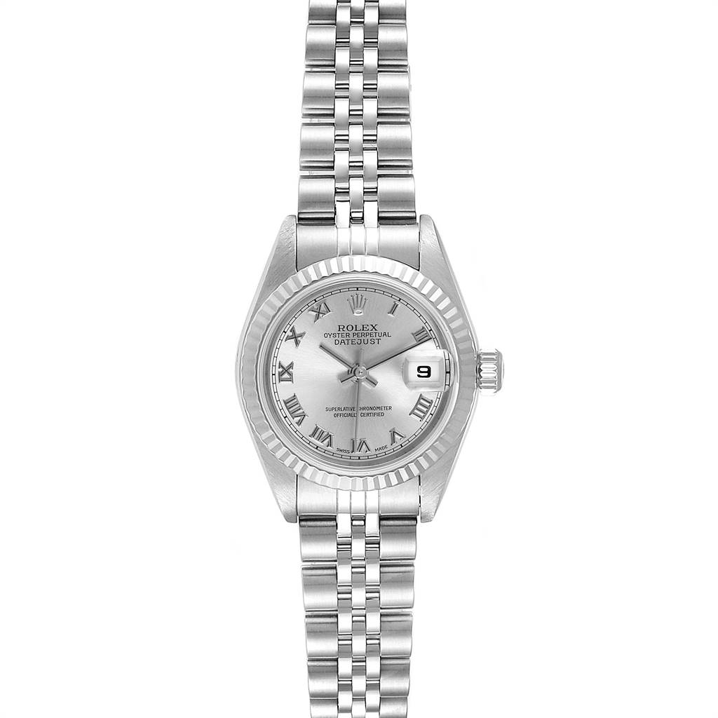 The image shows a Rolex Datejust 79174 Women
s Stainless Steel Silver Dial 79174 Women
s Stainless Steel Silver Dial watch from a top-down angle, highlighting the face, bezel, and bracelet.