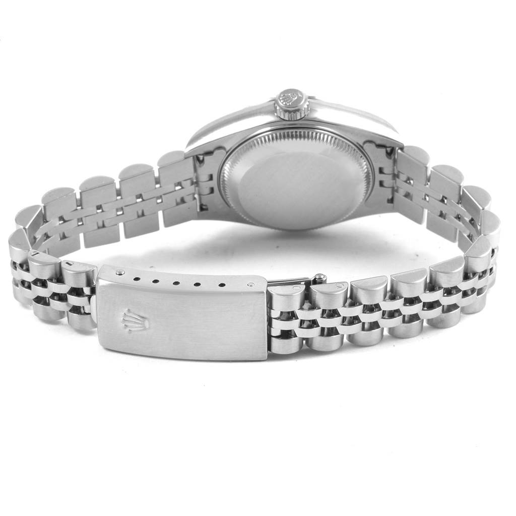 The image shows the back view of a Rolex Datejust 79174 Women
s Stainless Steel Black Dial 79174 Women
s Stainless Steel Black Dial watch displaying the case back, bracelet, and clasp.