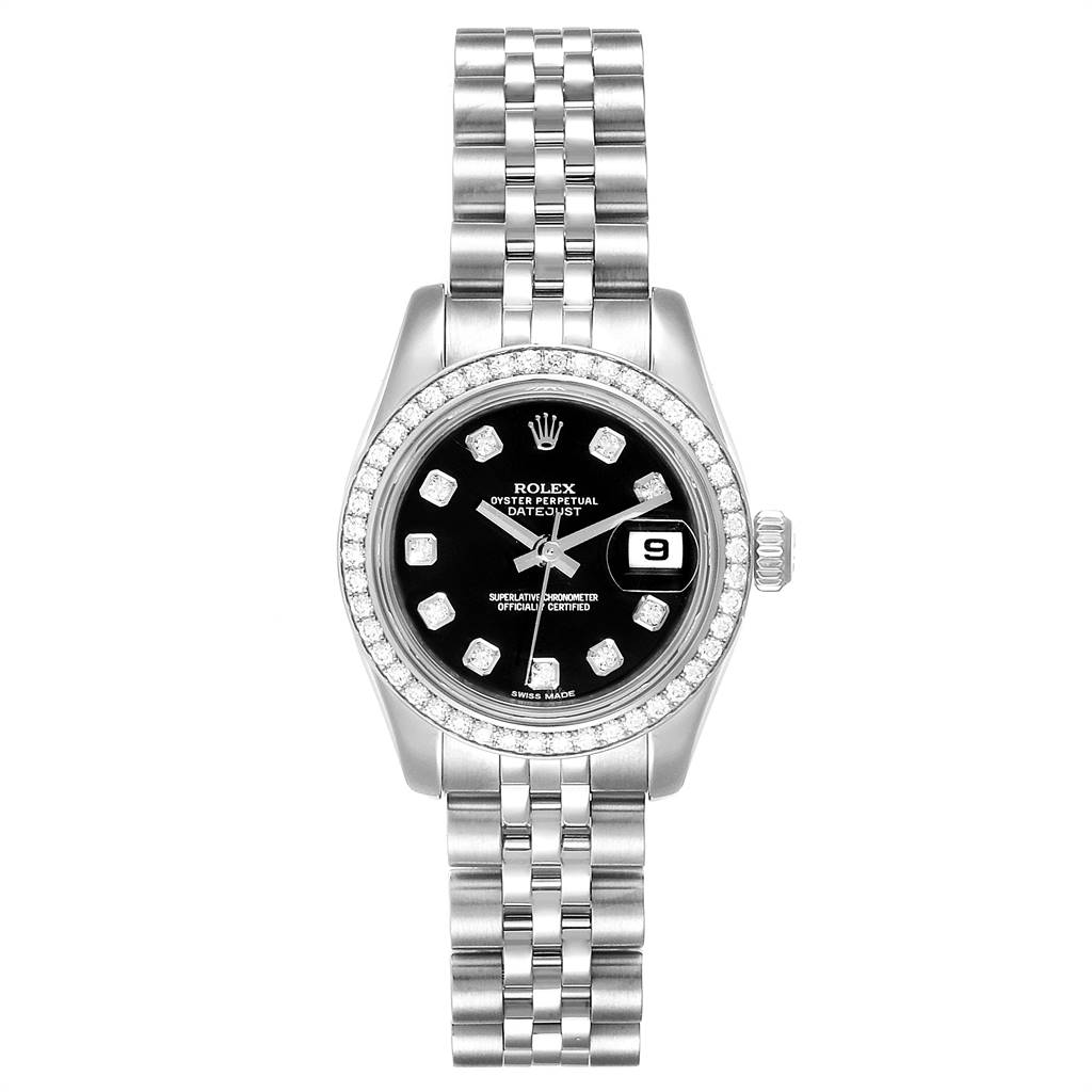 This is a front view of a Rolex Datejust 179384 Women
s Stainless Steel Black Dial 179384 Women
s Stainless Steel Black Dial watch showing its bezel, dial, hands, date display, and bracelet.